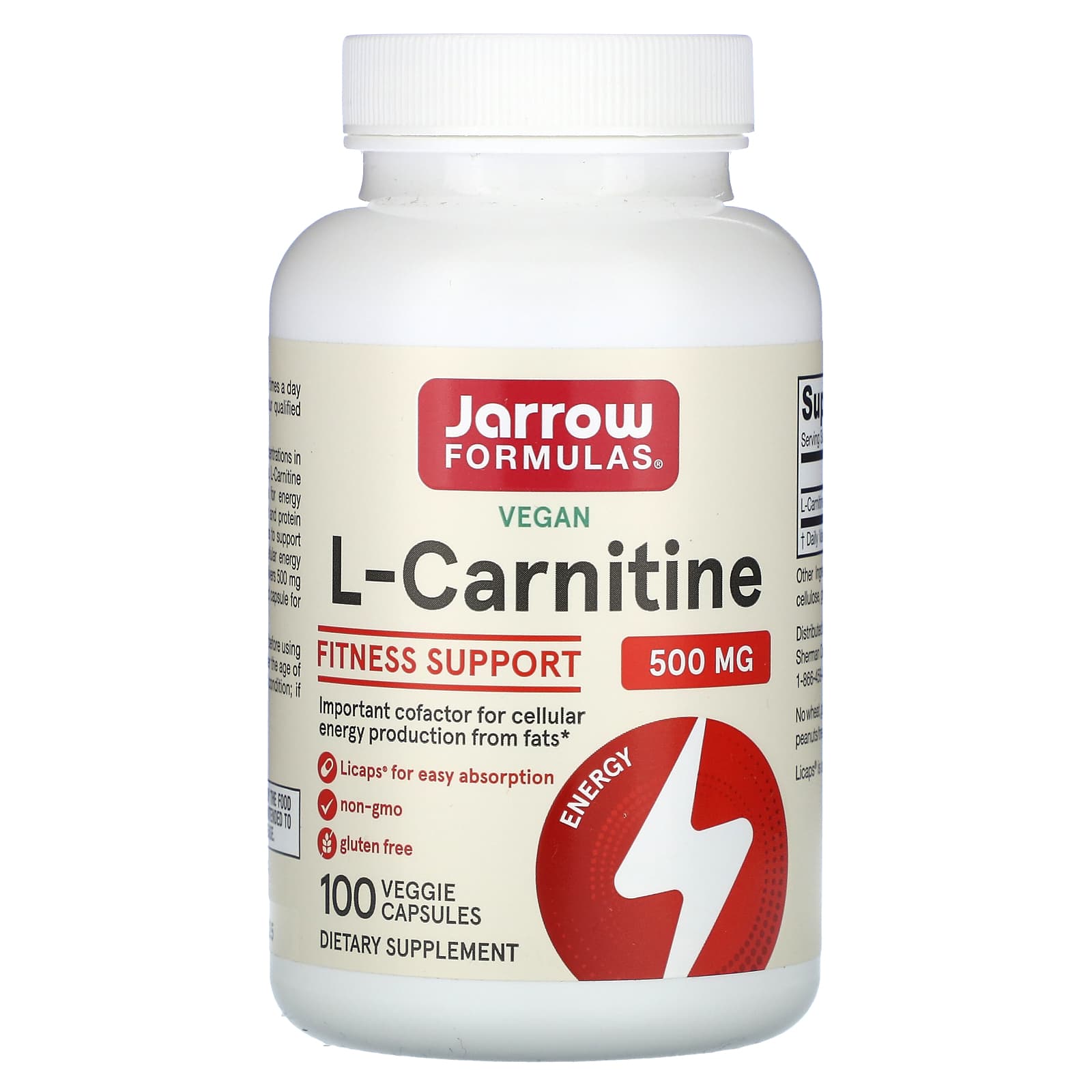Jarrow Formulas, L-Carnitine 500, 500 mg, 100 Veggie Caps UPC 790011020141 | HiLife Vitamins